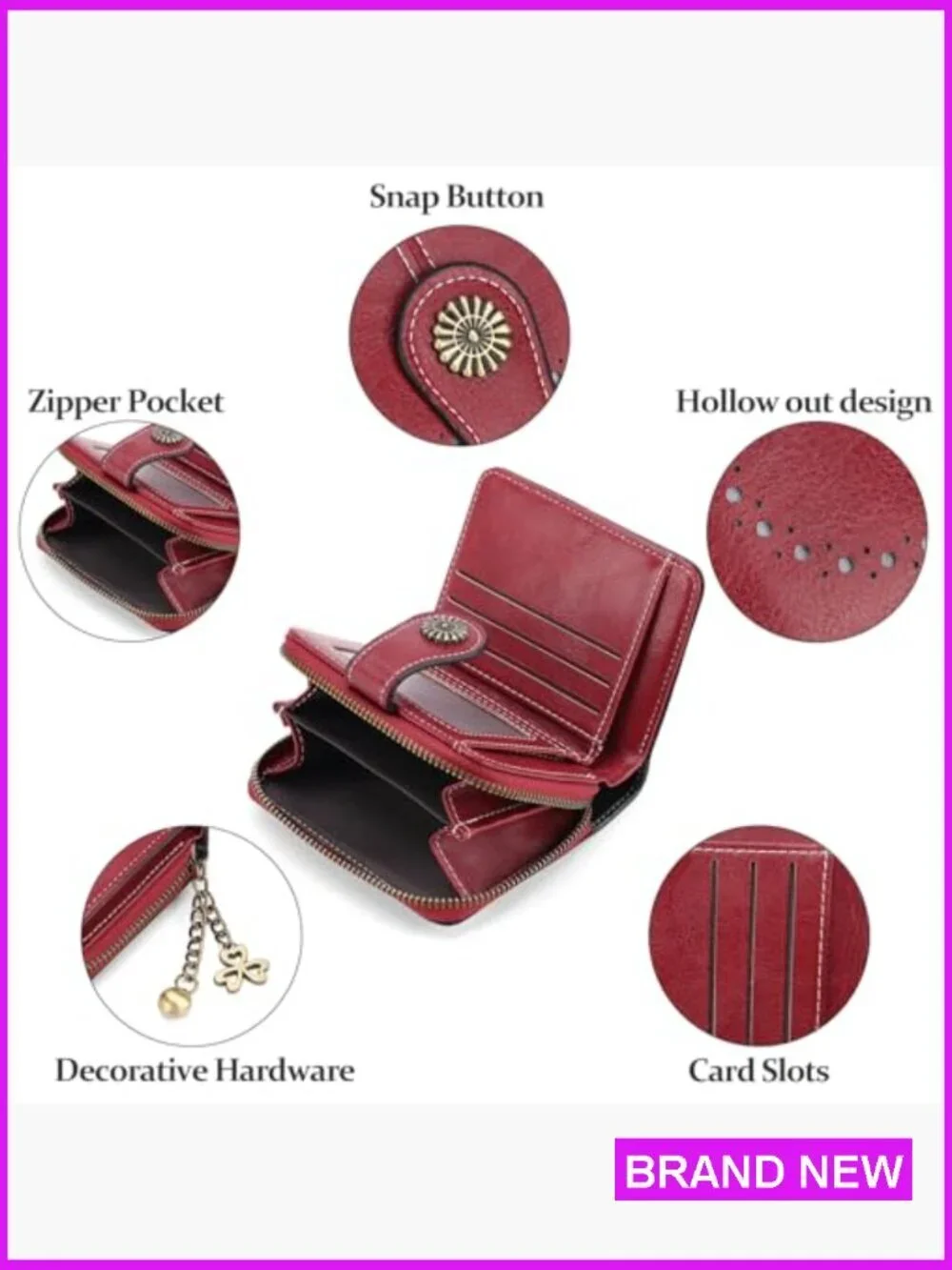 Leather Bifold Wallet Compact RFID Blocking with Zipper Coin Pocket